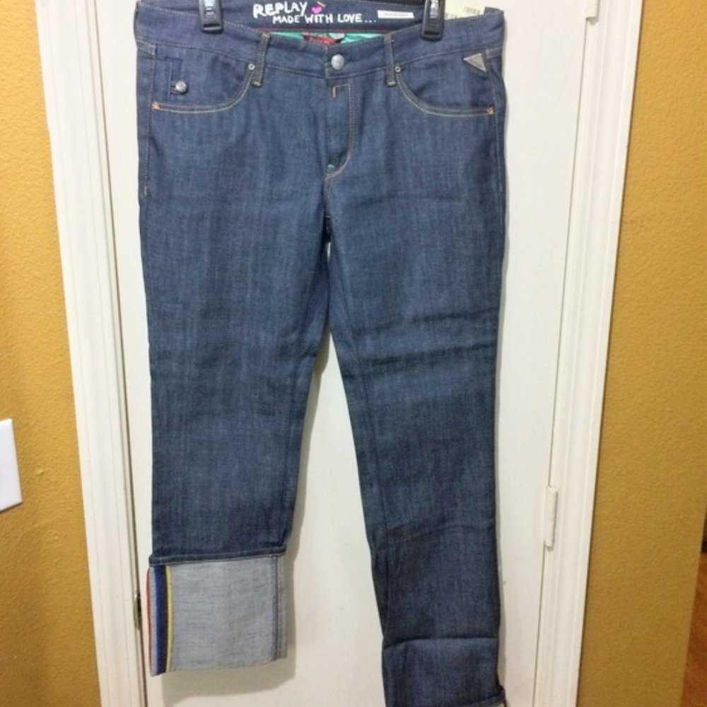 Replay women's size 31 multicolor roll cuff JUSHMANN "Made With Love" dark jeans